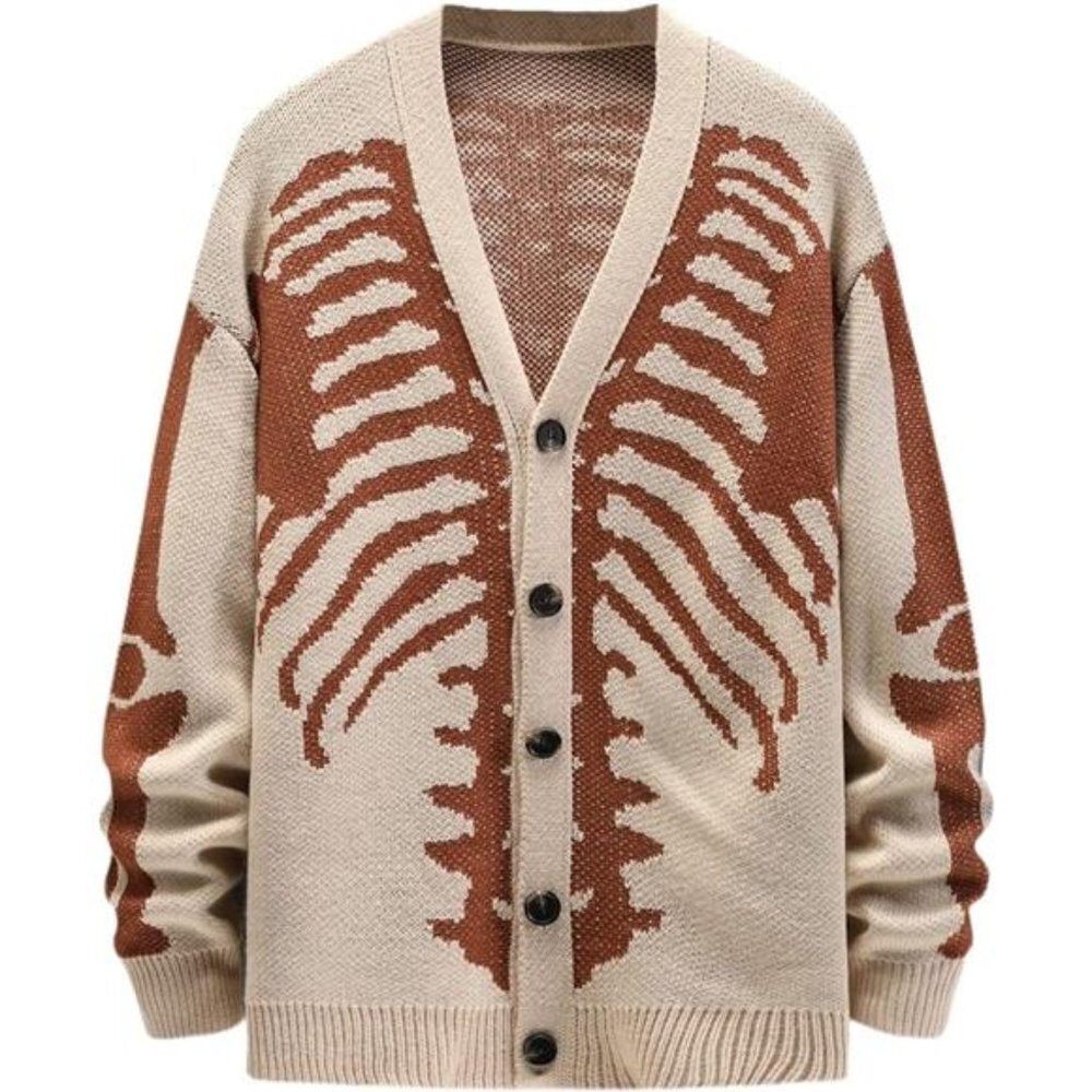 Skeleton Print Cardigan Sweater Beige Men's V-Neck